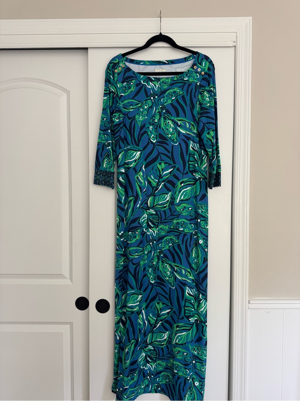 Lilly Pulitzer Blue & Green Tropical Leaf Maxi Dress